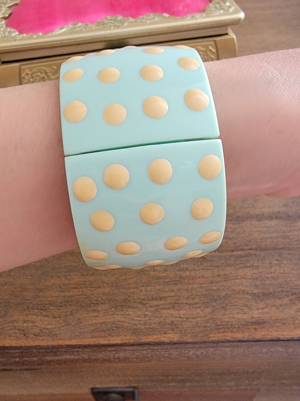 Betsey Johnson Mint Green Polka Dot Bangle Watch with Gold Dots - Picture 4 of 5